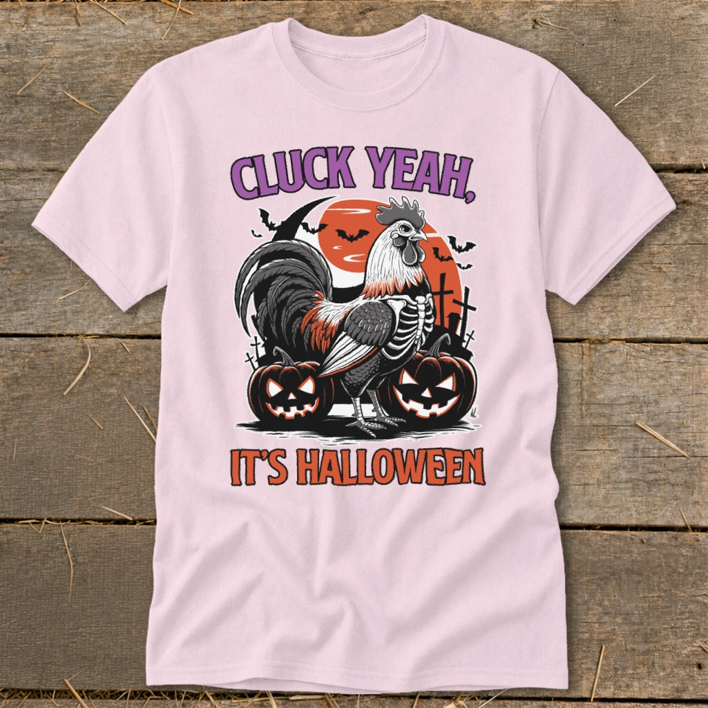 Rooster skeleton with pumpkins and text "CLUCK YEAH, IT'S HALLOWEEN".
