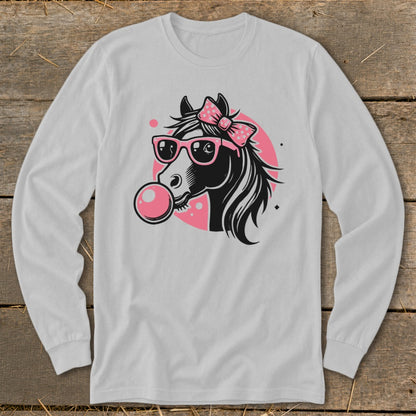 Horse head with pink sunglasses and bow blowing bubblegum on a white long sleeve shirt.