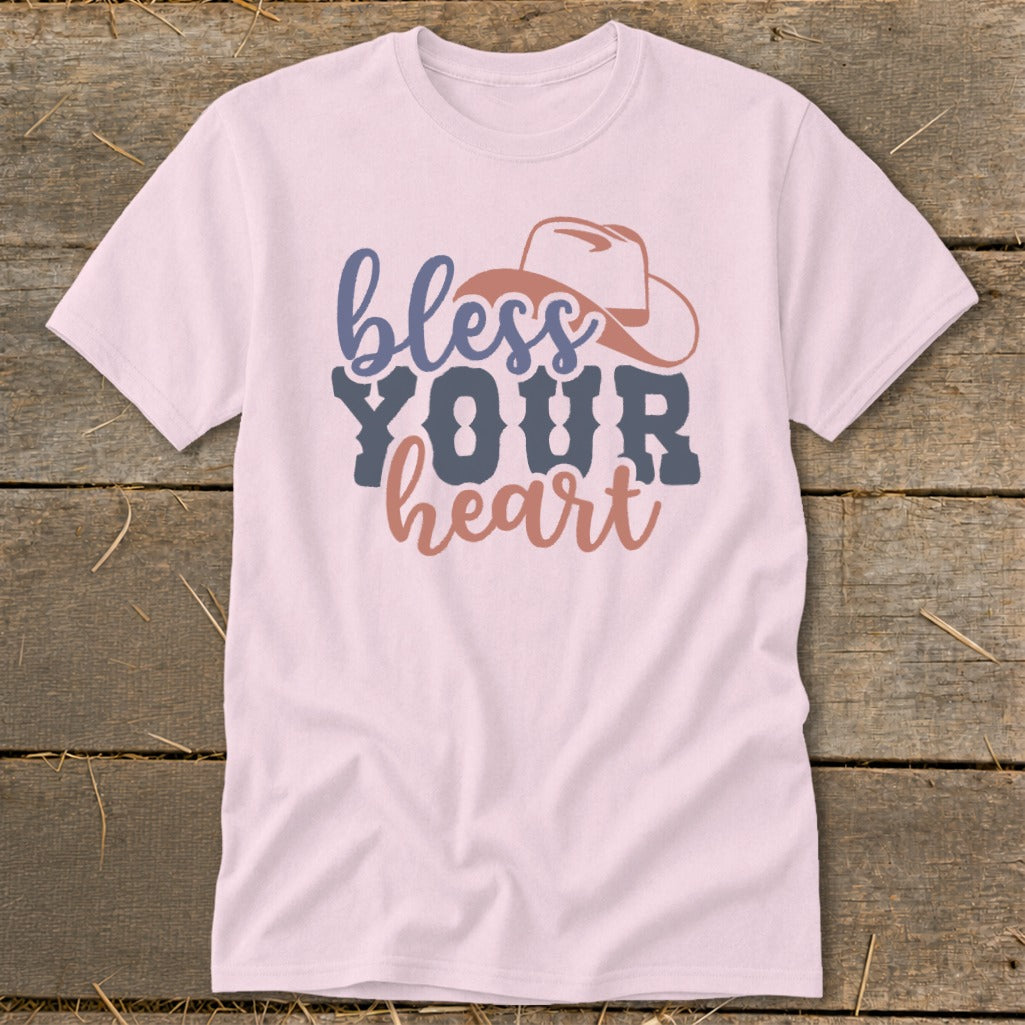 Pink t-shirt with "bless YOUR heart" text and a cowboy hat graphic.