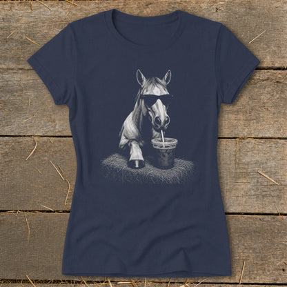 Horse wearing sunglasses and drinking from a cup with a straw.