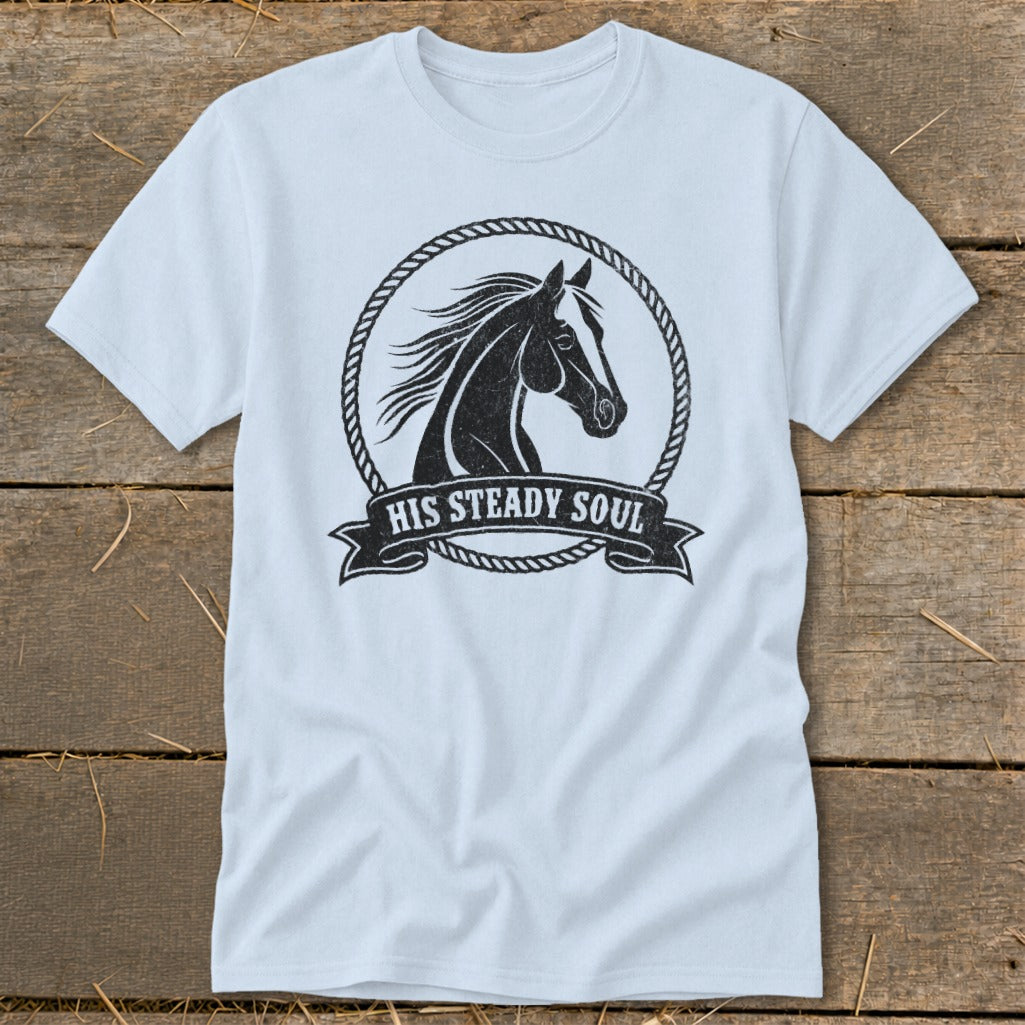 Light blue t-shirt with black horse graphic and "HIS STEADY SOUL" text.