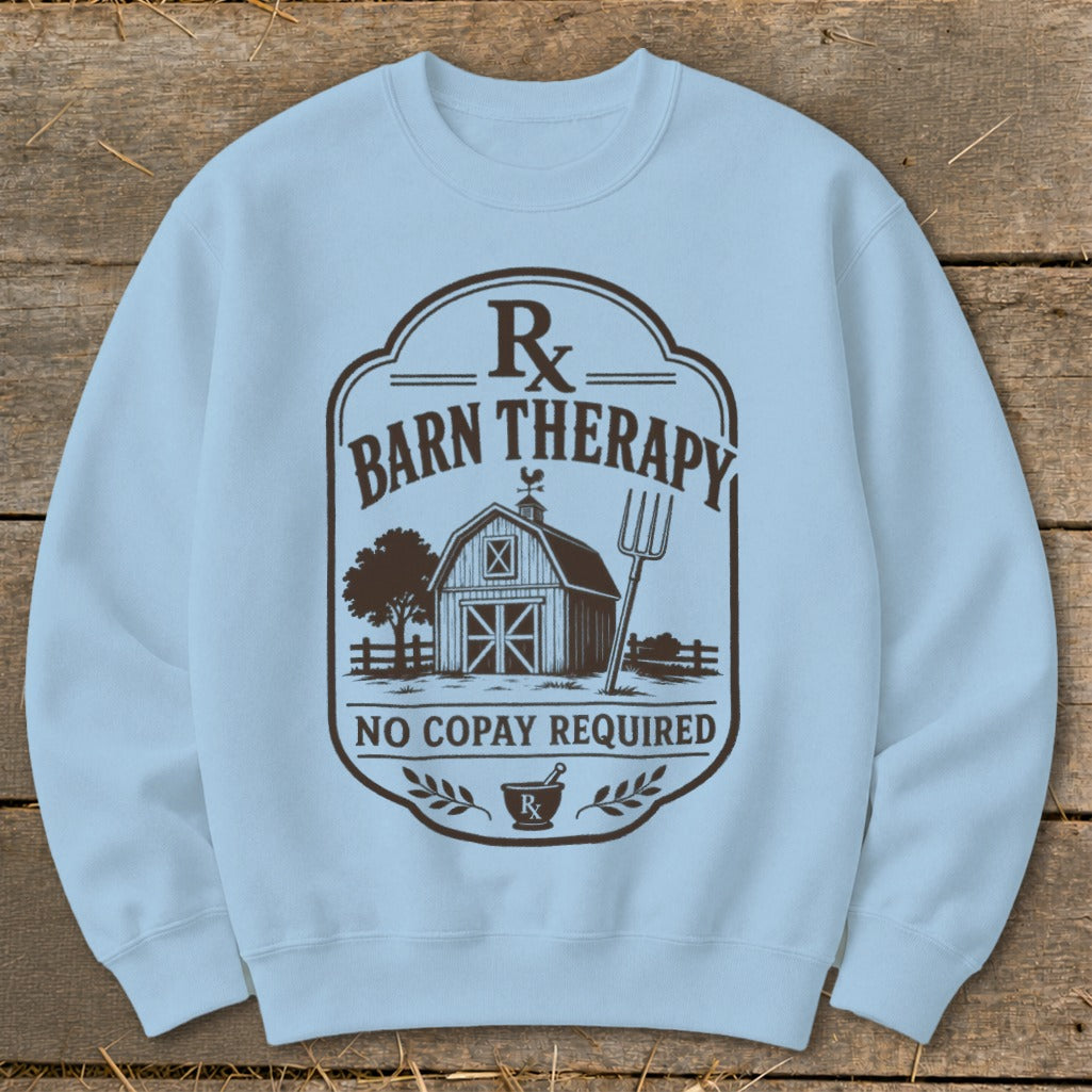 Light blue sweatshirt with "Barn Therapy" and "No Copay Required" text and farm graphics.