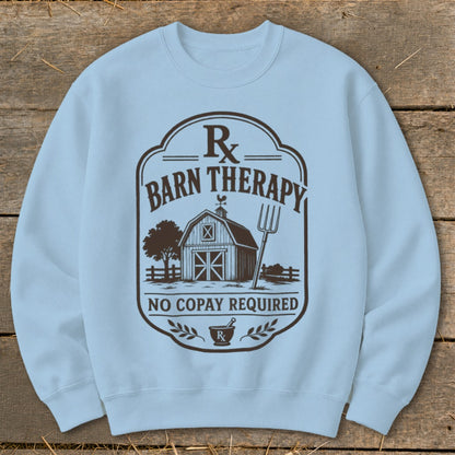 Light blue sweatshirt with "Barn Therapy" and "No Copay Required" text and farm graphics.
