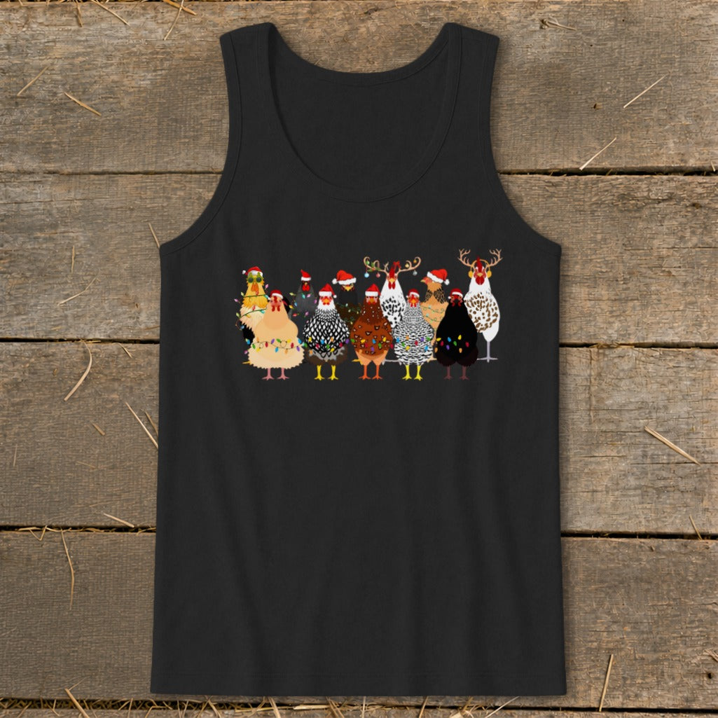 Black tank top with assorted festive chickens wearing Santa hats and Christmas lights.