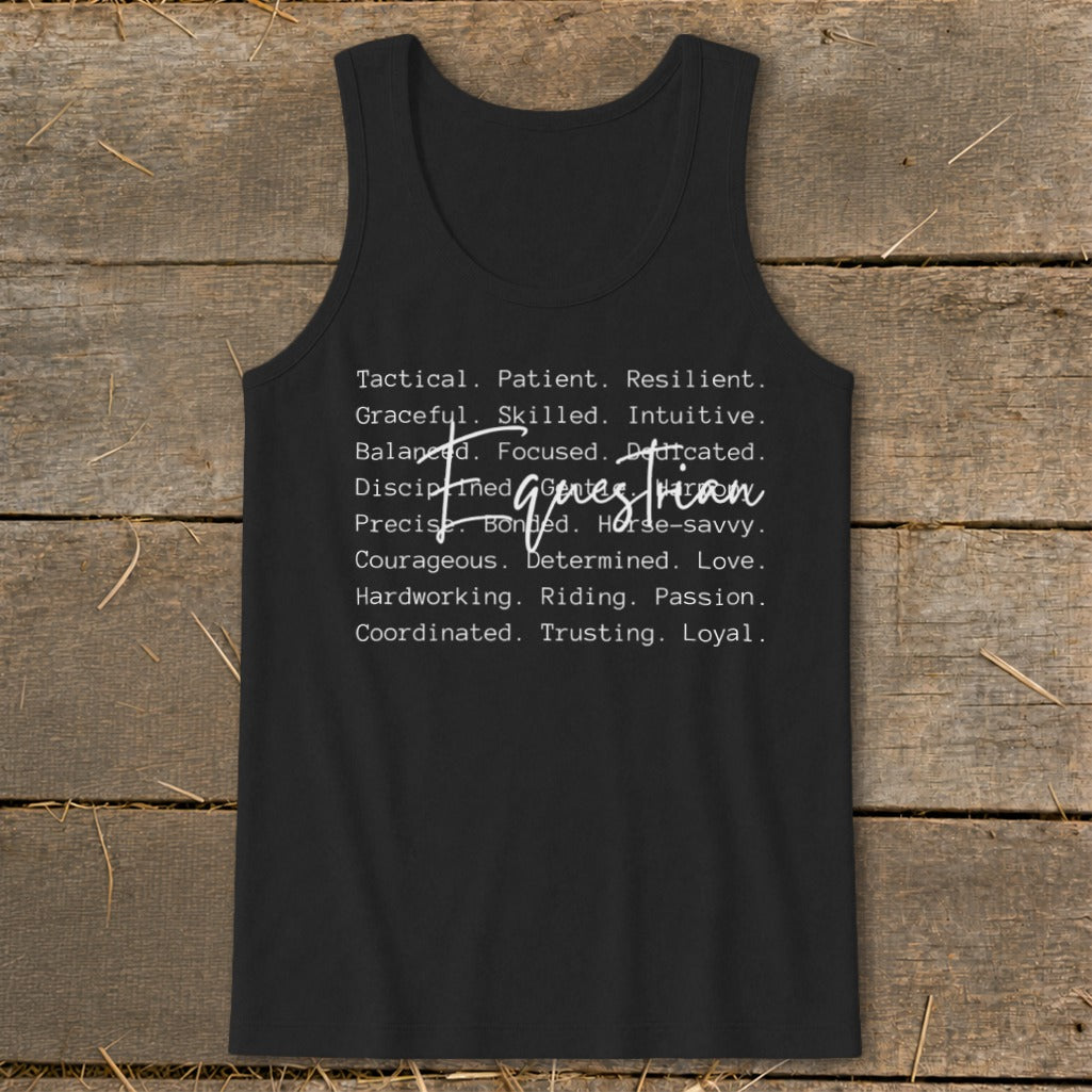 Black tank top with white text listing equestrian traits, including "Equestrian".