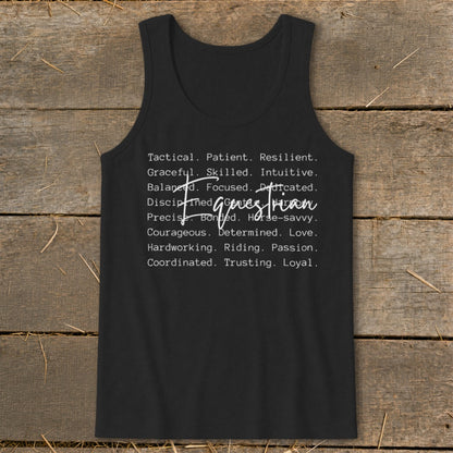 Black tank top with white text listing equestrian traits, including "Equestrian".