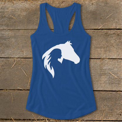 Blue tank top with white silhouette of a woman and horse heads side-by-side.