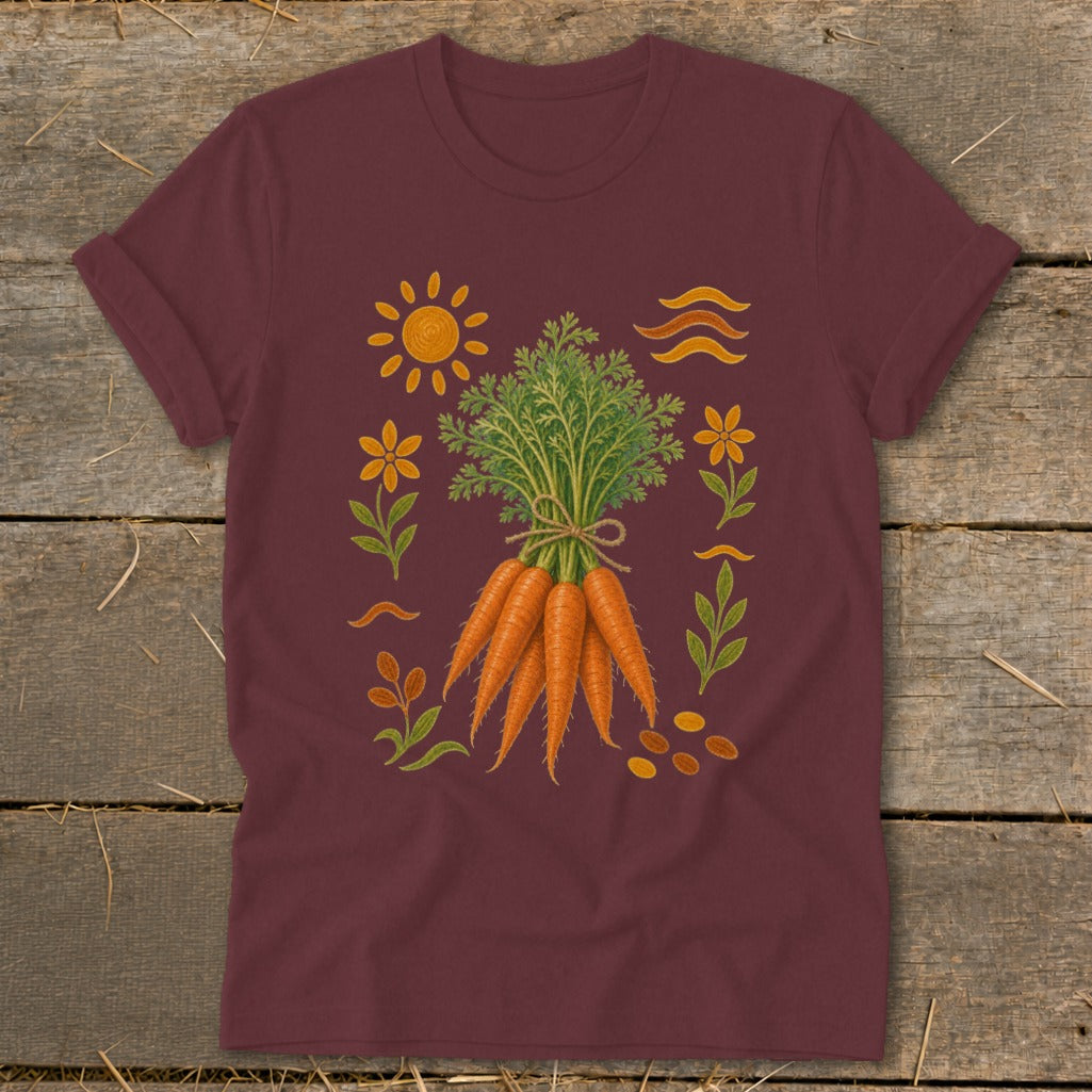 Maroon t-shirt with a graphic of a bunch of carrots, sun, and flowers.