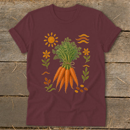 Maroon t-shirt with a graphic of a bunch of carrots, sun, and flowers.