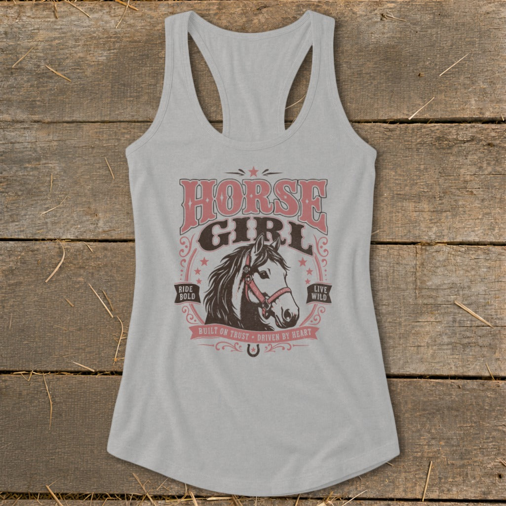 Grey tank top with "Horse Girl" graphic featuring a horse head, "Ride Bold", and "Live Wild".