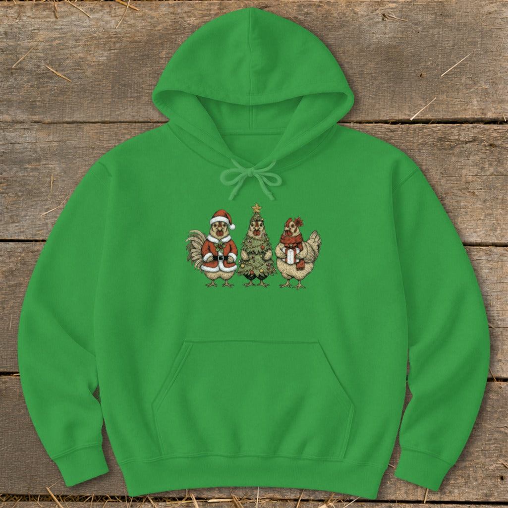 Green hoodie with a Christmas-themed chicken graphic featuring a rooster, chicken tree, and hen.