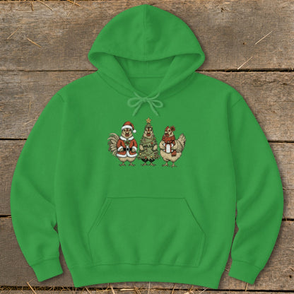 Green hoodie with a Christmas-themed chicken graphic featuring a rooster, chicken tree, and hen.