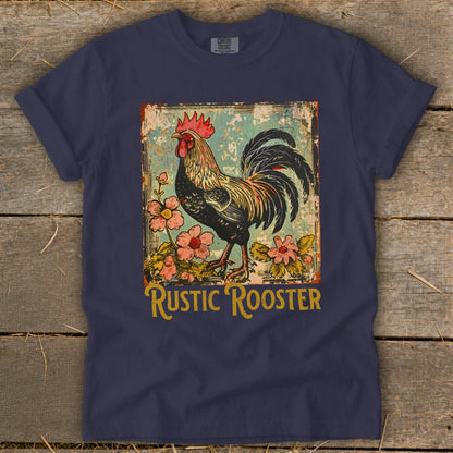Navy t-shirt with a distressed graphic of a rooster and pink flowers, saying "Rustic Rooster."