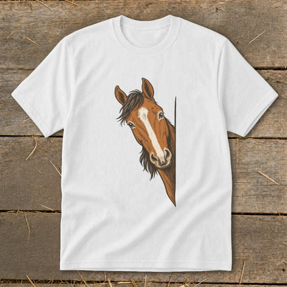 White t-shirt with a drawing of a brown horse peeking from the side.