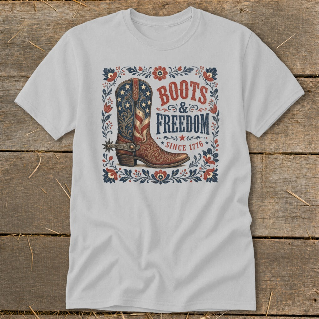 Cowboy boot with American flag design and "Boots & Freedom Since 1776" text.