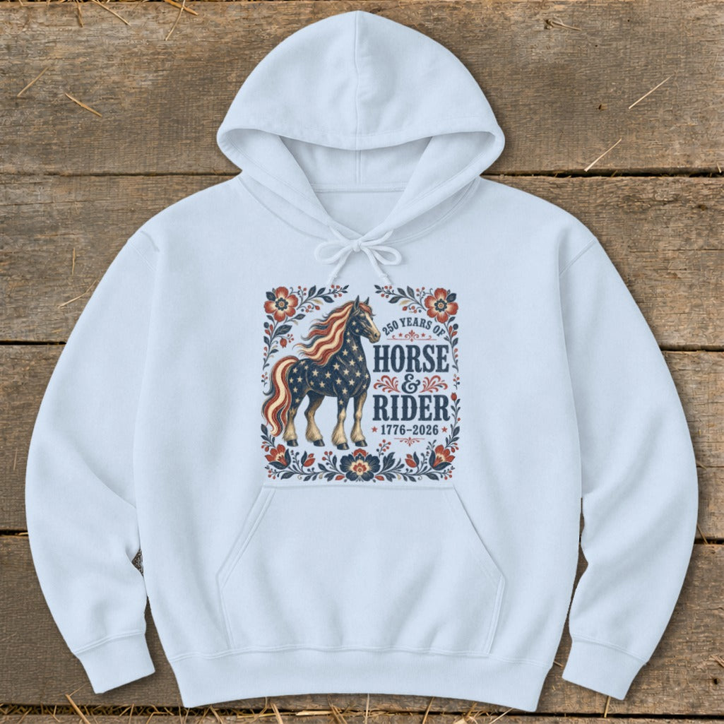 White hoodie with patriotic horse and rider graphic celebrating 250 years.