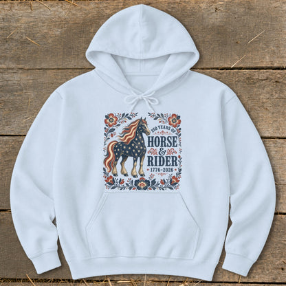 White hoodie with patriotic horse and rider graphic celebrating 250 years.