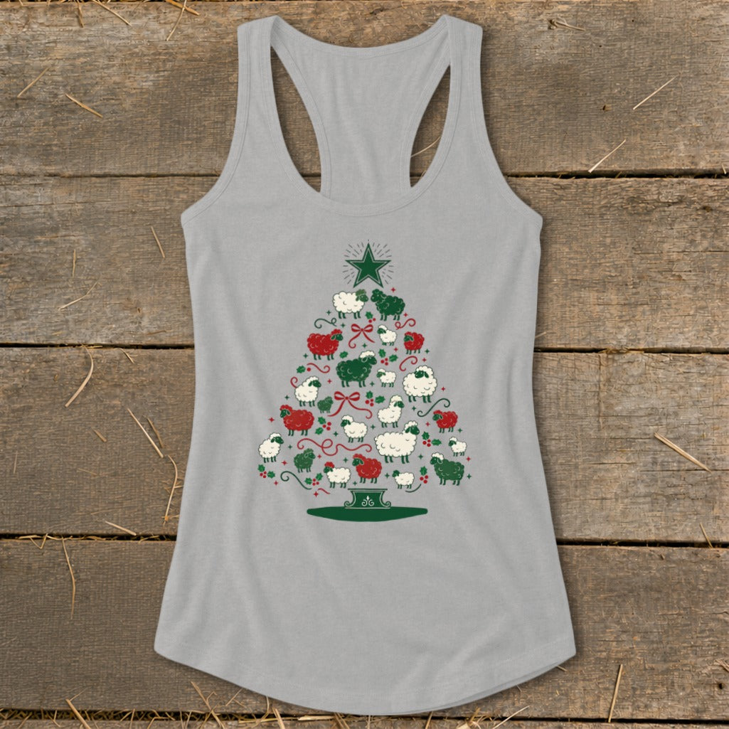 Grey tank top with a Christmas tree made of red and white sheep.