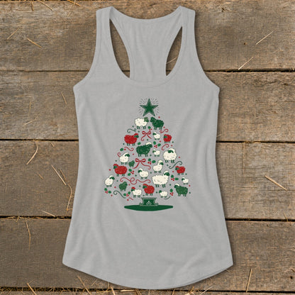 Grey tank top with a Christmas tree made of red and white sheep.