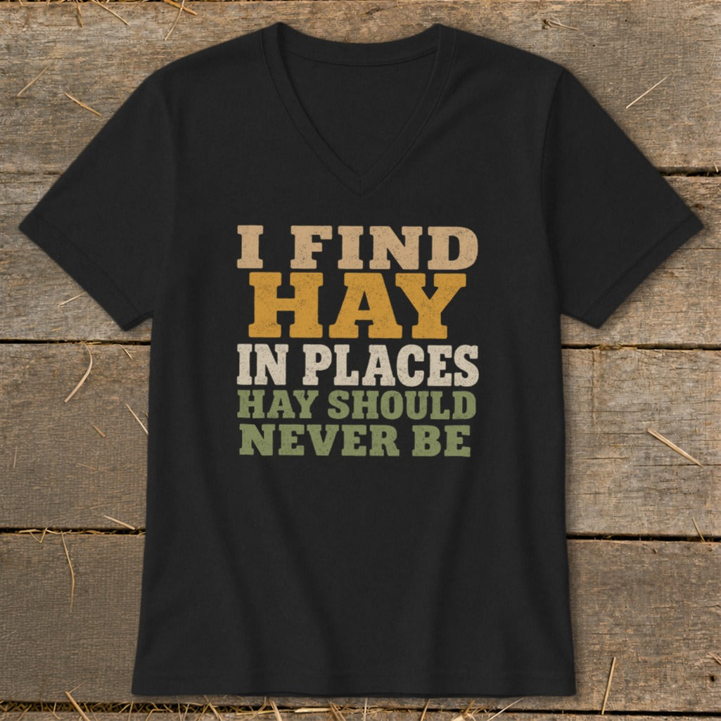 Black t-shirt with text "I FIND HAY IN PLACES HAY SHOULD NEVER BE"
