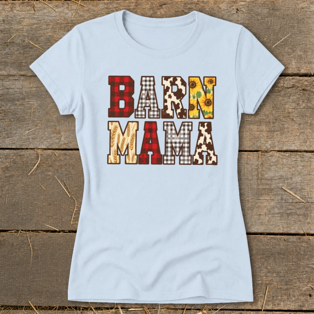 Light blue t-shirt with "BARN MAMA" text in patterned block letters.