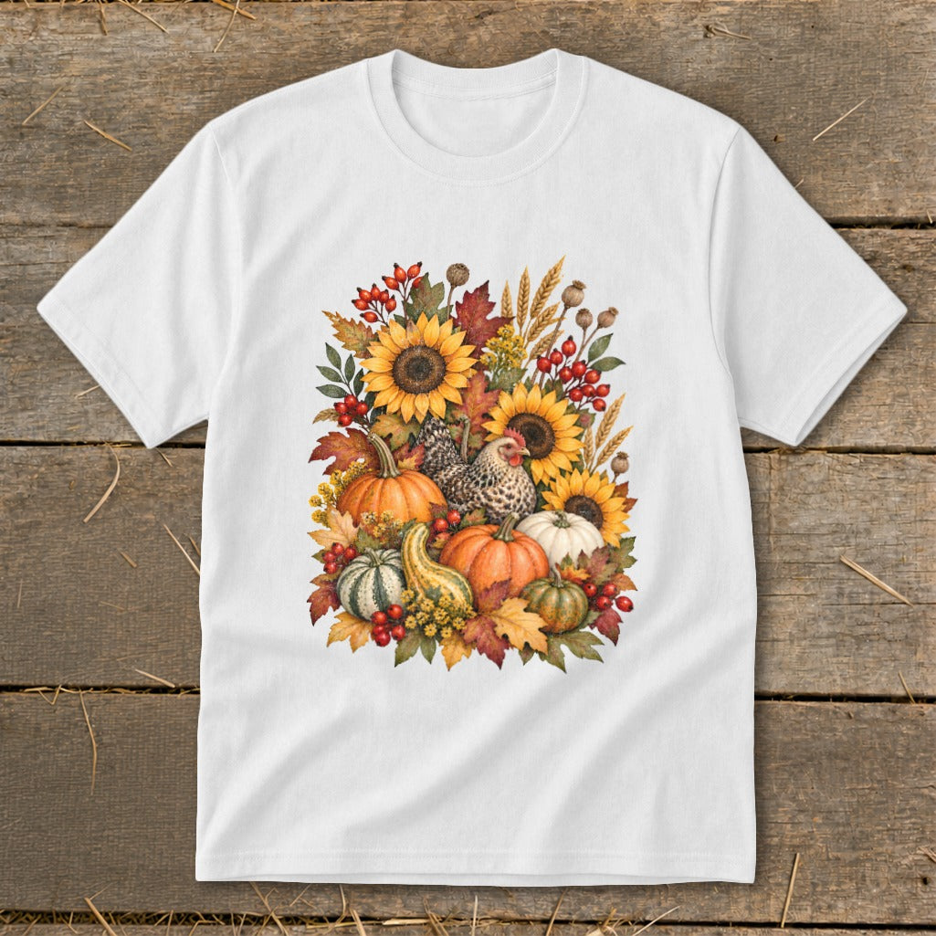 White t-shirt with a watercolor graphic of sunflowers, pumpkins, chickens, and autumn leaves.