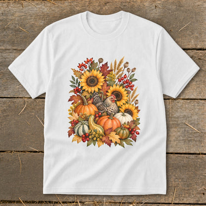 White t-shirt with a watercolor graphic of sunflowers, pumpkins, chickens, and autumn leaves.