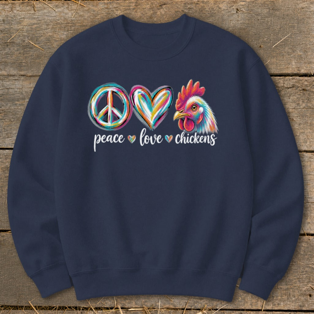 Navy sweatshirt with peace, love, and chicken graphic and text.