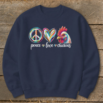 Navy sweatshirt with peace, love, and chicken graphic and text.