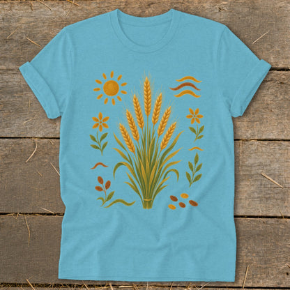 Light blue t-shirt with a central wheat stalk design and surrounding nature elements.