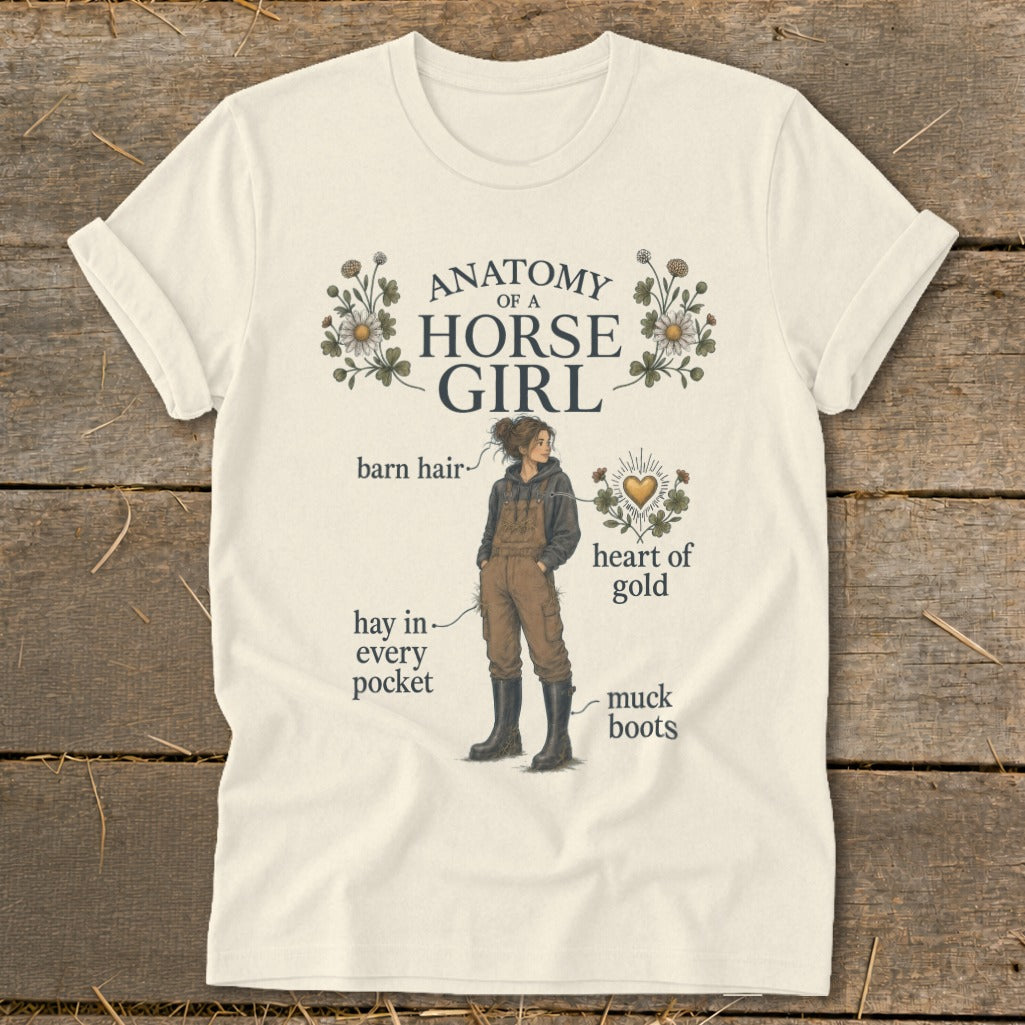 Anatomy of a Horse Girl t-shirt with illustration and text labels.