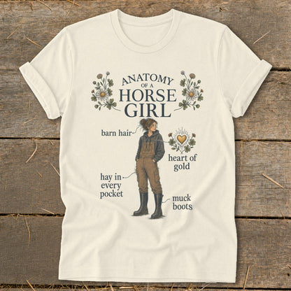 Anatomy of a Horse Girl t-shirt with illustration and text labels.