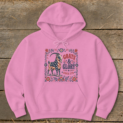 Pink hoodie with a graphic of a goat in American flag print.