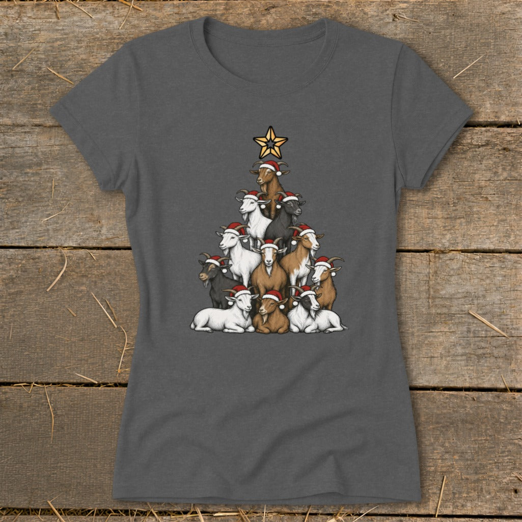 Gray t-shirt with a Christmas tree shape made of goats wearing Santa hats.