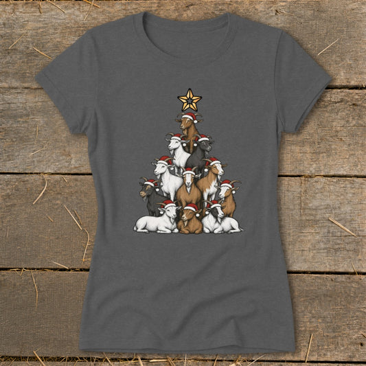 Gray t-shirt with a Christmas tree shape made of goats wearing Santa hats.