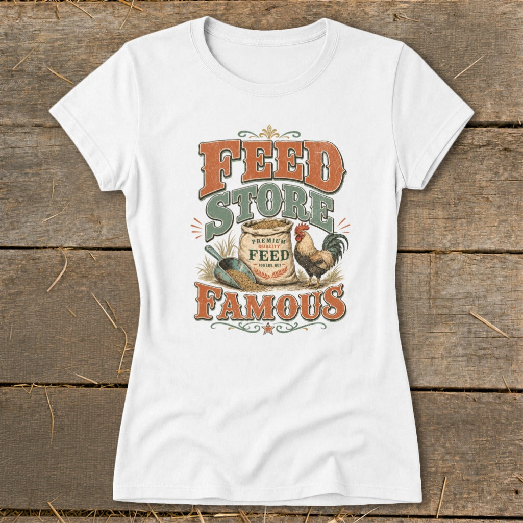 White t-shirt with "Feed Store Famous" graphic, bag of feed, scoop, and rooster.