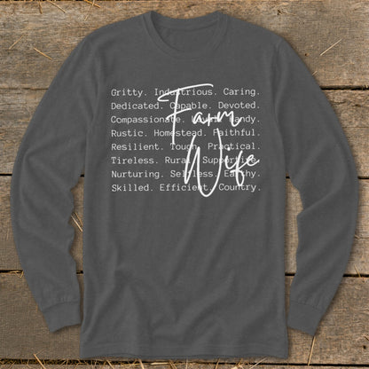 Dark gray long-sleeve shirt with "Farm Wife" and descriptive words.