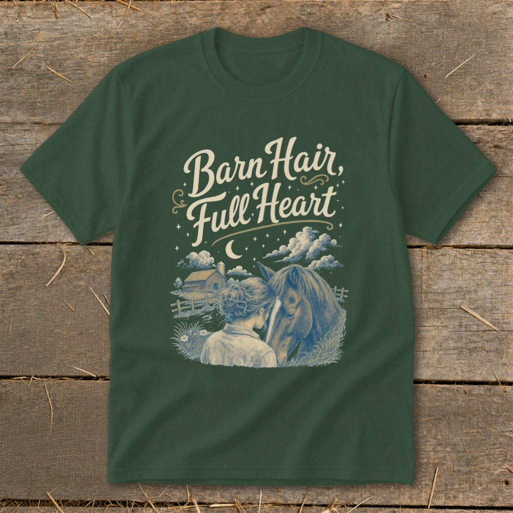 Dark green t-shirt with "Barn Hair, Full Heart" text and horse and rider graphic.
