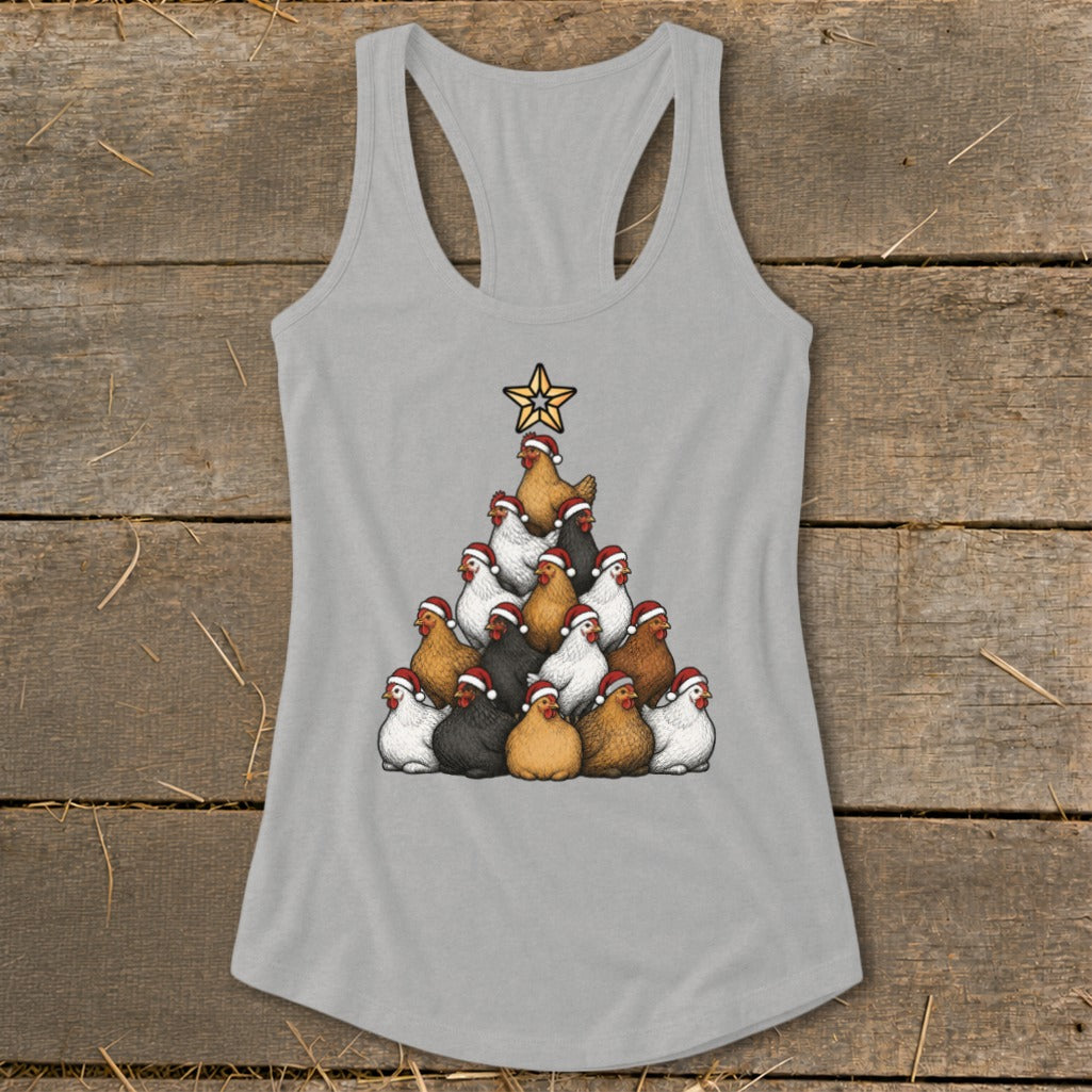 Christmas tree formed by chickens wearing Santa hats, topped with a star.