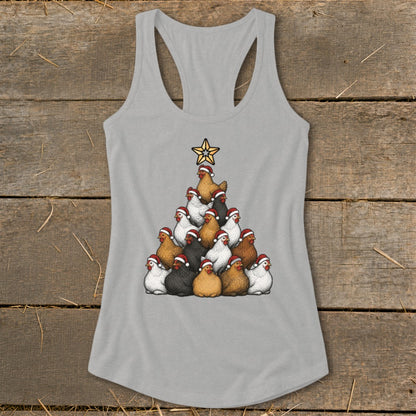 Christmas tree formed by chickens wearing Santa hats, topped with a star.