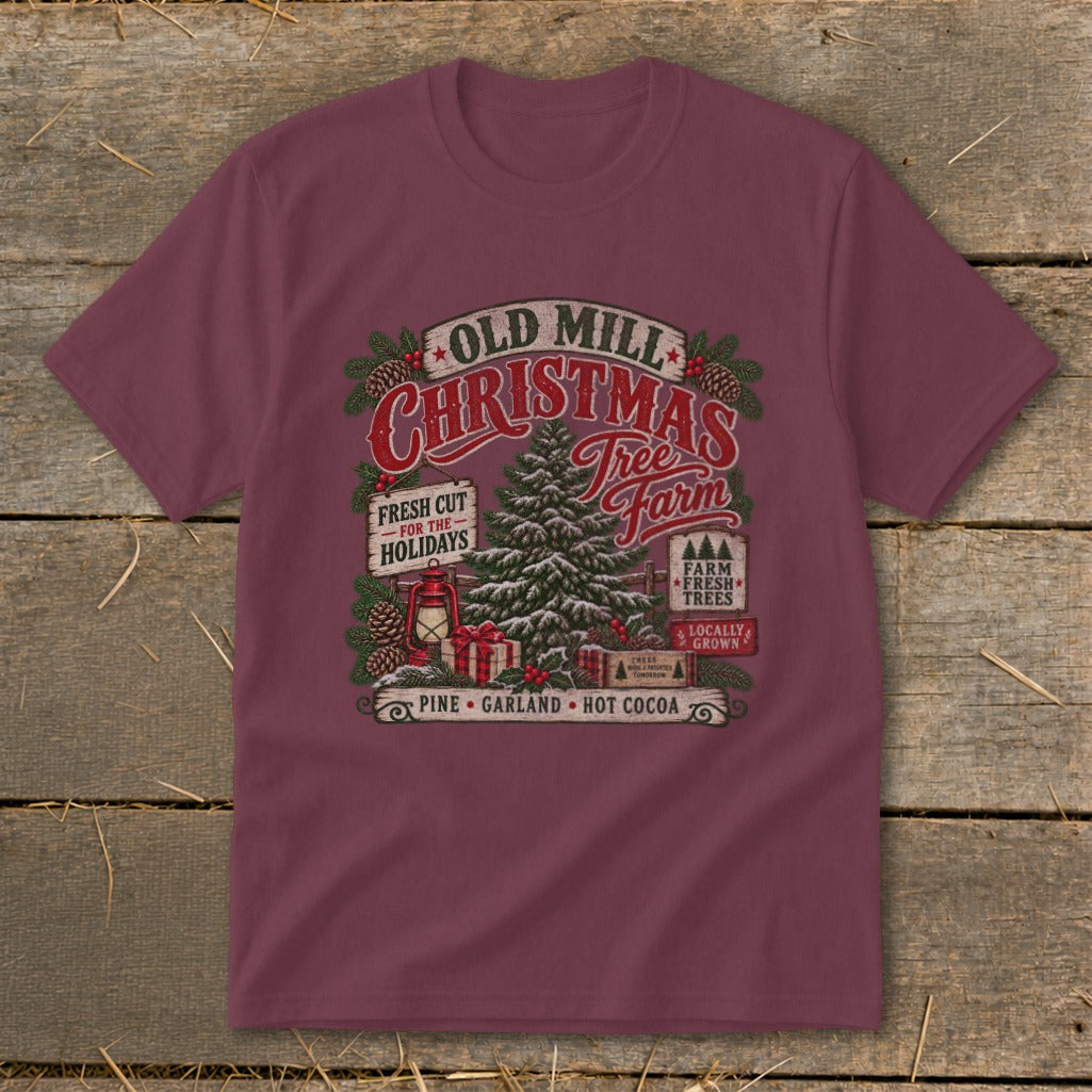 Old Mill Christmas Tree Farm graphic with pine, gifts, and hot cocoa.
