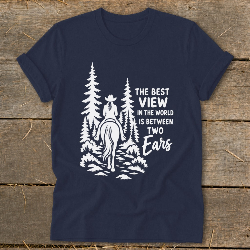 Navy blue t-shirt featuring a white graphic of a horse rider in the forest with text.
