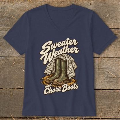 Navy t-shirt with "Sweater Weather and Chore Boots" graphic featuring boots and a sweater.