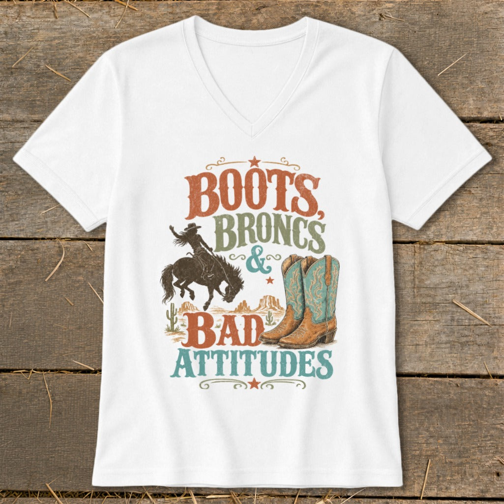 White t-shirt with "Boots, Broncs & Bad Attitudes" graphic and cowboy imagery.