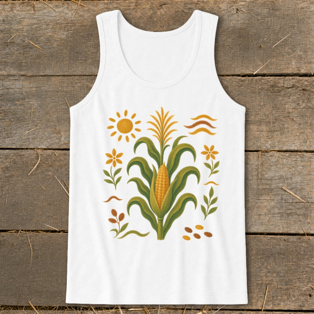 White tank top with a corn stalk, sun, and floral illustration.