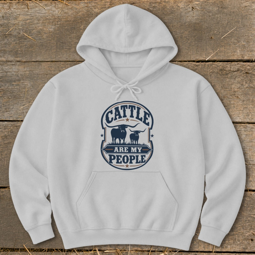 White hoodie with a dark blue graphic featuring two longhorn cattle and text.