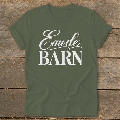 Olive green t-shirt with "Eaude BARN" text in white.