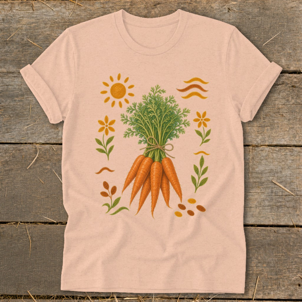 Peach t-shirt with a central bunch of carrots and surrounding floral and sun graphic elements.