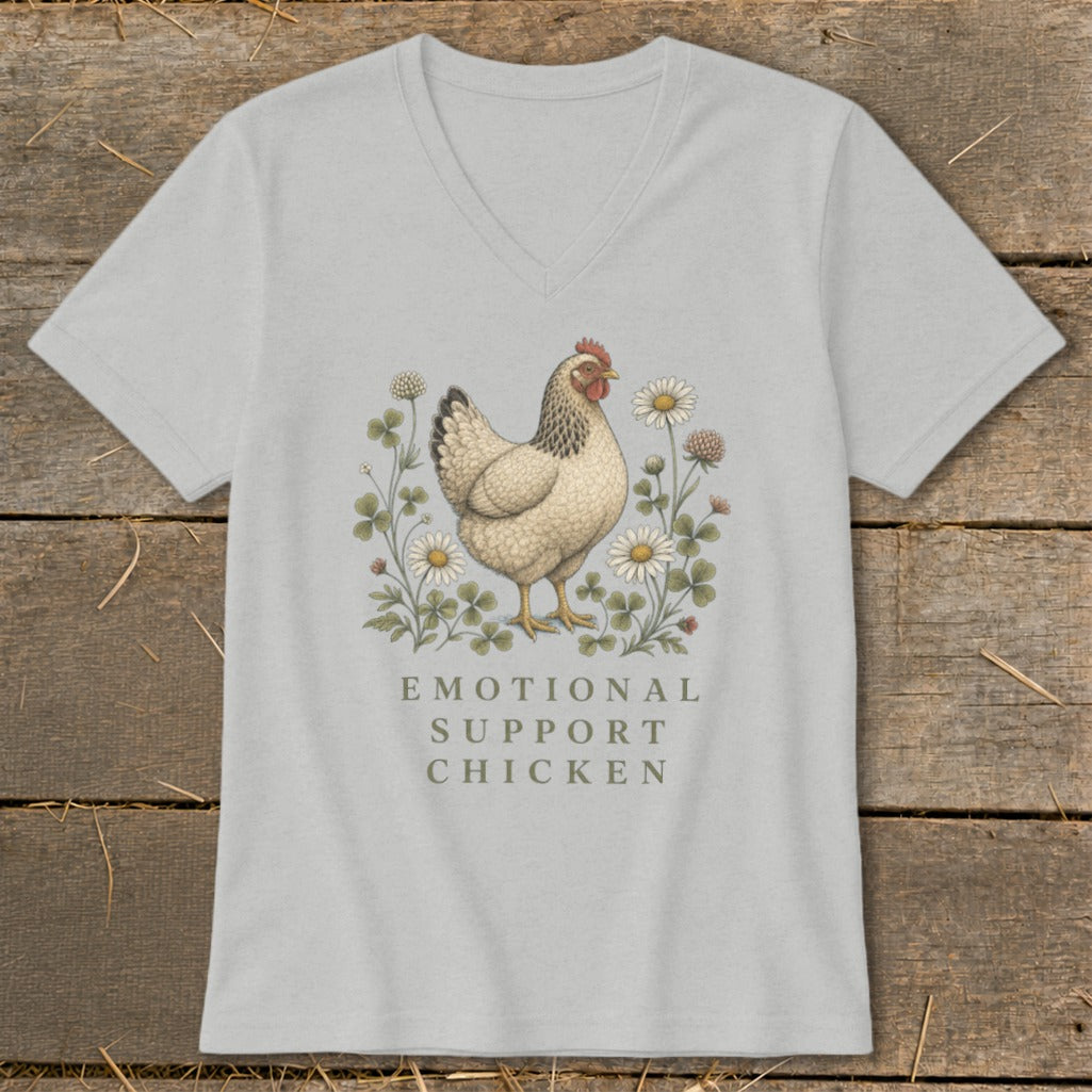 Light grey v-neck t-shirt with "EMOTIONAL SUPPORT CHICKEN" text and a chicken illustration.