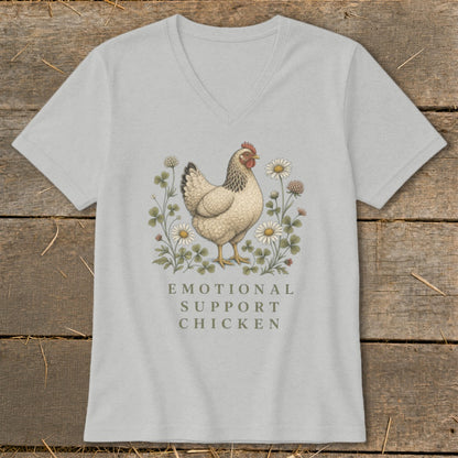 Light grey v-neck t-shirt with "EMOTIONAL SUPPORT CHICKEN" text and a chicken illustration.